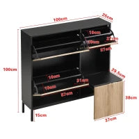 Scarpiera con sgabello per cambio scarpe, 3 ante con ripiani, 100x25x100 cm, Nero e Legno naturale