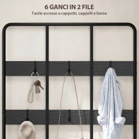 Appendiabiti da Ingresso 3 in 1 con 6 Ganci e Panca con Scarpiera, 91x36x180 cm, Nero