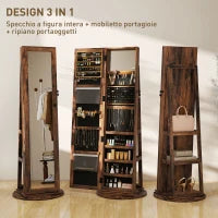 Specchio Portagioie da Terra Girevole a 360° con Ripiani e Chiusura a Chiave, 55x55x161 cm, Marrone Rustico