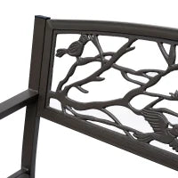Panchina da giardino Impermeabile Acciaio e Ghisa per Esterni, Schienale con Decorazioni Motivo Naturale, 127x60cm, Marrone