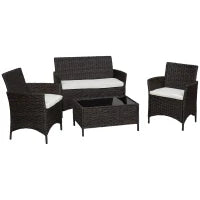 Salottino da giardino esterno Set 4 Pzi:1 Divano/2 Poltrone/1 Tavolino, Set da Giardino in Rattan,  Caffè Scuro e Bianco