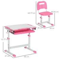 Banco Scuola per Bambini 6-12 Anni con Sedia e Altezza Regolabile, Piano Inclinabile, 66x47x52-77 cm, Rosa