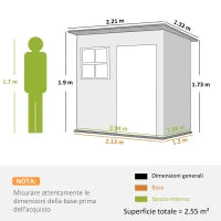 Casetta da Giardino in Acciaio con Porta con Blocco, Finestra e Prese d'Aria, 2.2 x 1.3 m, Grigio