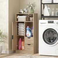 Mobile Bagno Salvaspazio Slim con 2 Cassetti, Ripiani e Armadietto, 50x25x100 cm, Legno Naturale