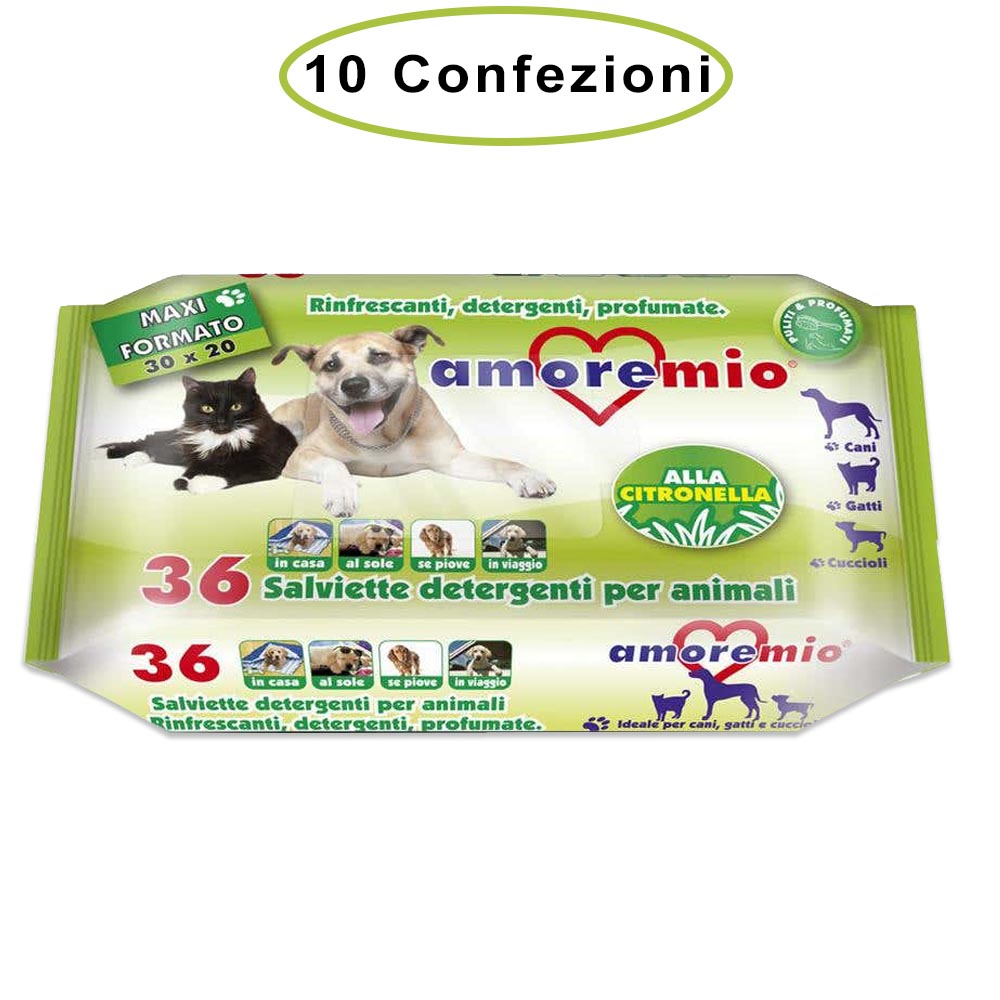 Amore mio salviette detergenti per cani gatti e cuccioli alla citronella 10 confezioni da 36 salviette