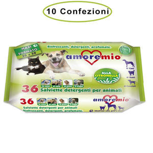 Amore mio salviette detergenti per cani gatti e cuccioli alla citronella 10 confezioni da 36 salviette
