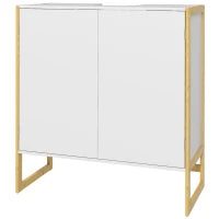 Mobile Sottolavabo Bagno con 2 Ante a Pressione in Bambù e MDF con Intaglio a U, 70x33x79.5cm, Bianco