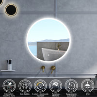 Specchio da bagno Rotondo con 90cm,3 colori,Memoria, Antifog,Regorabile,Retroilluminato,doppio interruttore,