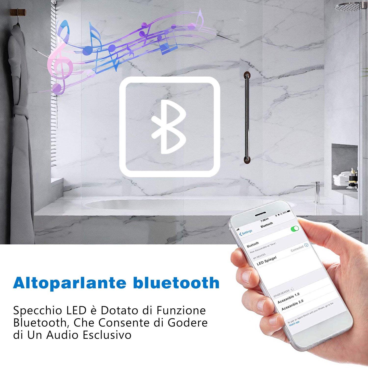 Aica Specchio da bagno a LED+70x50cm+Bluetooth+3 Temperature di Colore