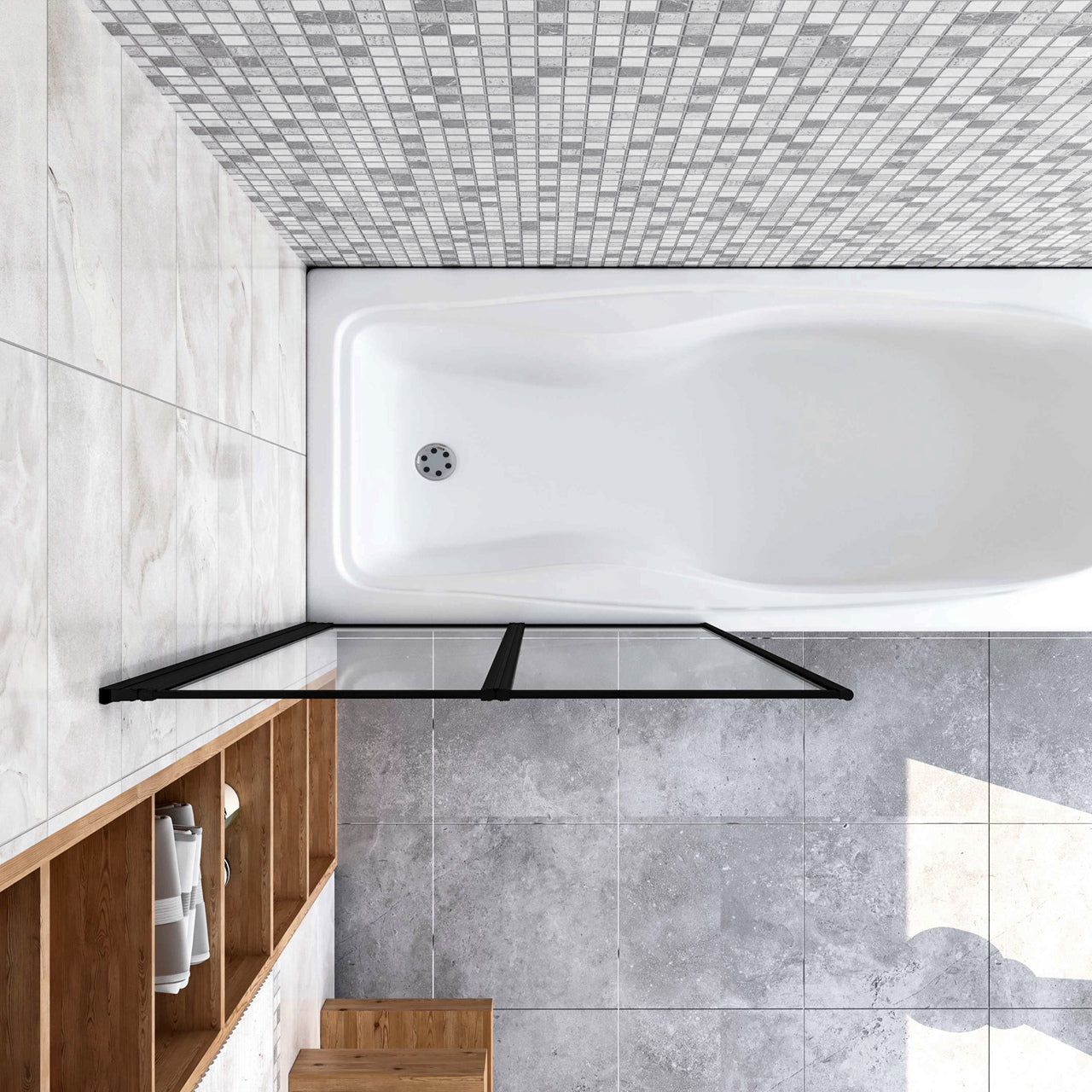 Sopravasca 90x140 cm Parete Doccia per Vasca 2 Antine Pieghevoli a Libro Vetro Temperato Trasparente Da 4 mm Profilo Nero Opaco