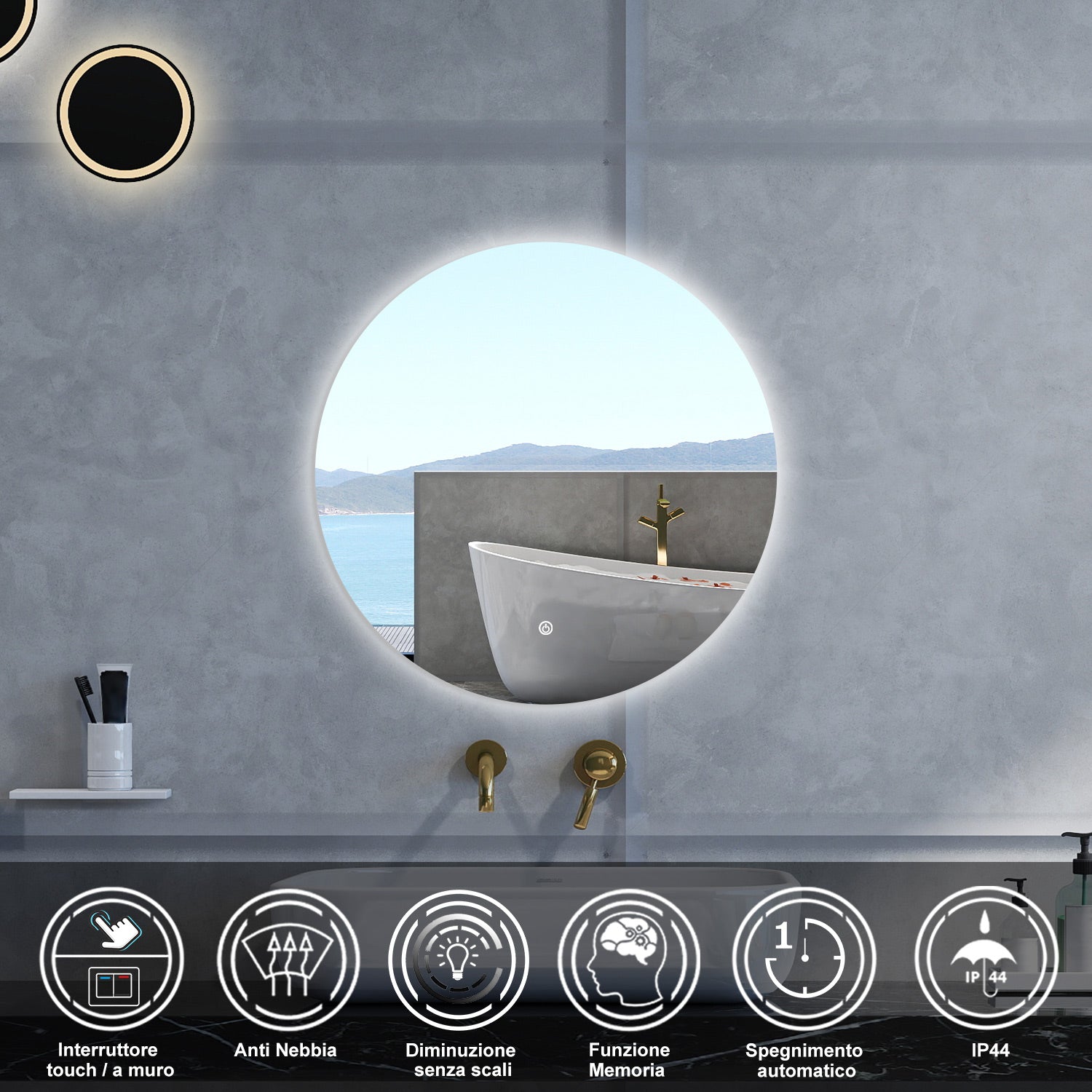Specchio da bagno Rotondo con 80cm,Memoria, Antifog,Regorabile,Retroilluminato,doppio interruttore,