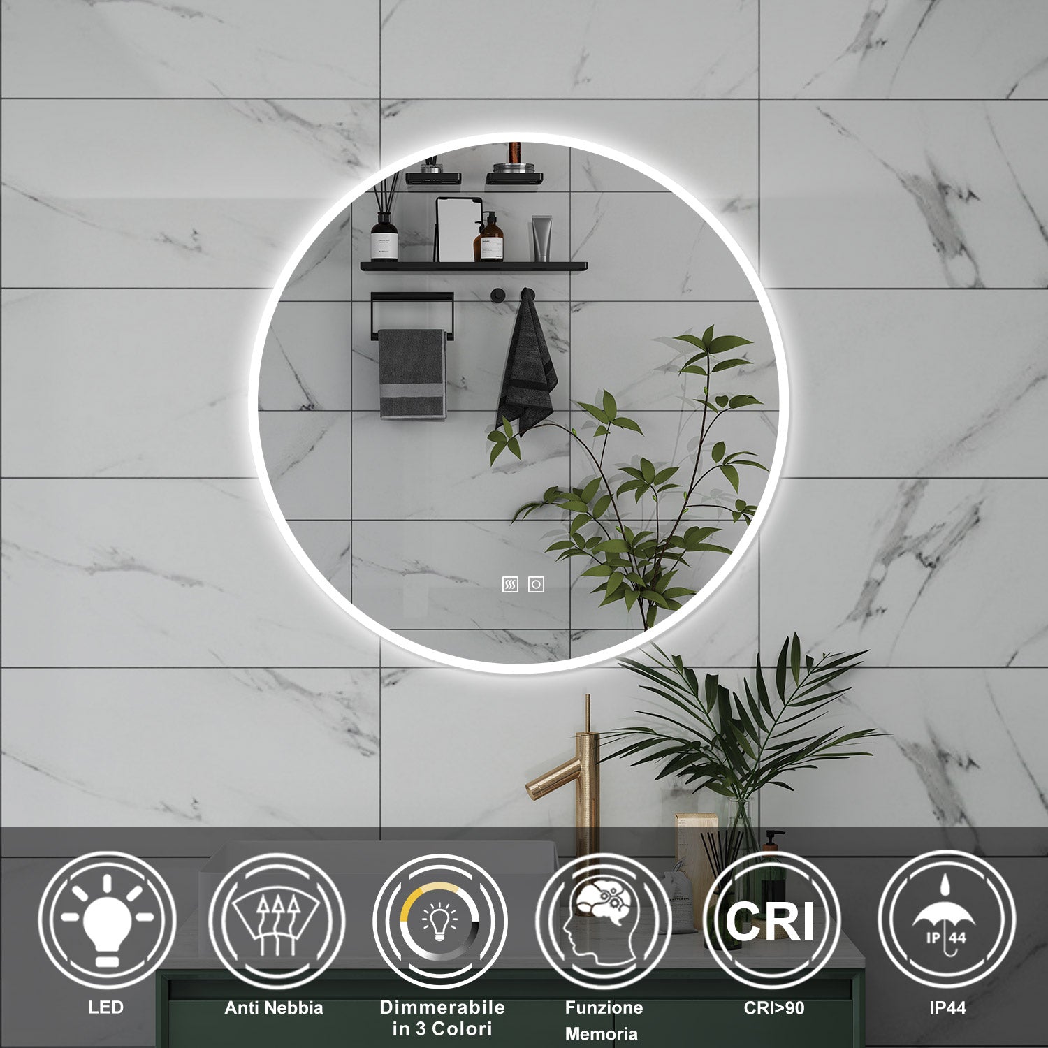 AICA Specchio da bagno 70 x 70 cm, 3 colori, antiappannamento, dimmerabile, interruttore touch, Funzione Memoria