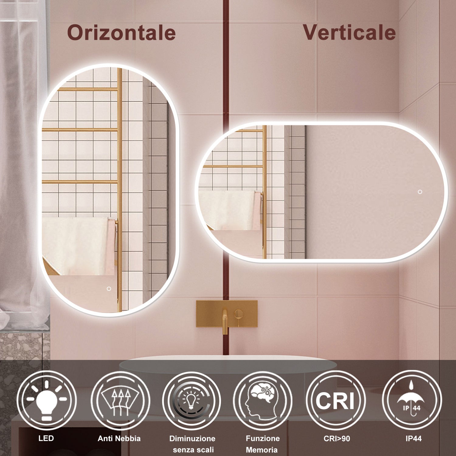 AICA Specchio da bagno 80 x 60 cm, dimmerabile£¬interruttore touch£¬ Funzione Memoria, antiappannamento