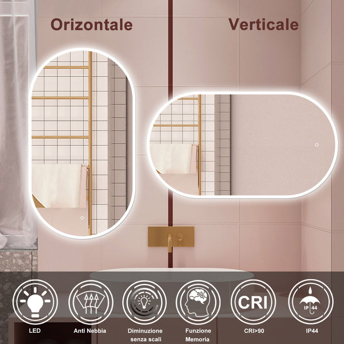 AICA Specchio da bagno 80 x 60 cm, dimmerabile£¬interruttore touch£¬ Funzione Memoria, antiappannamento