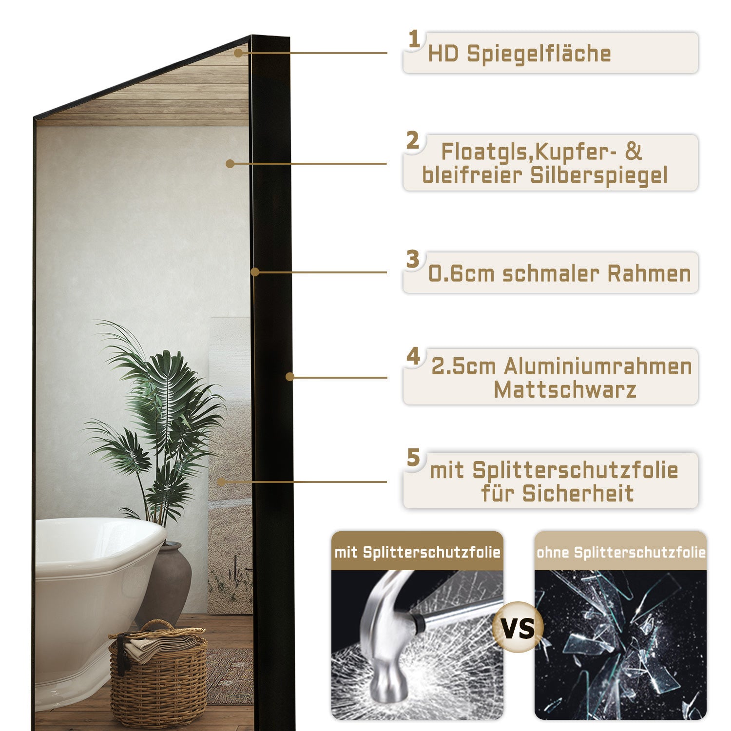 Specchio a corpo intero 150x50cm, design moderno e adatto per svariate scenari.