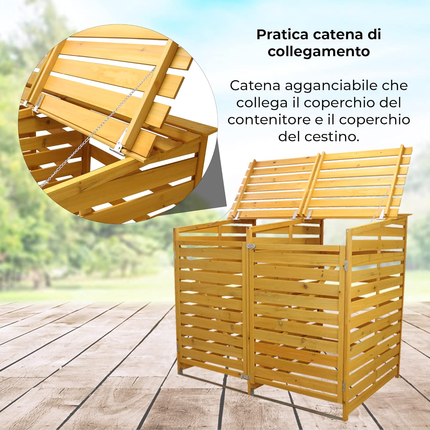 Doppio Copribidone della Spazzatura in Legno Robusto per Contenere 2 Bidoni 240L