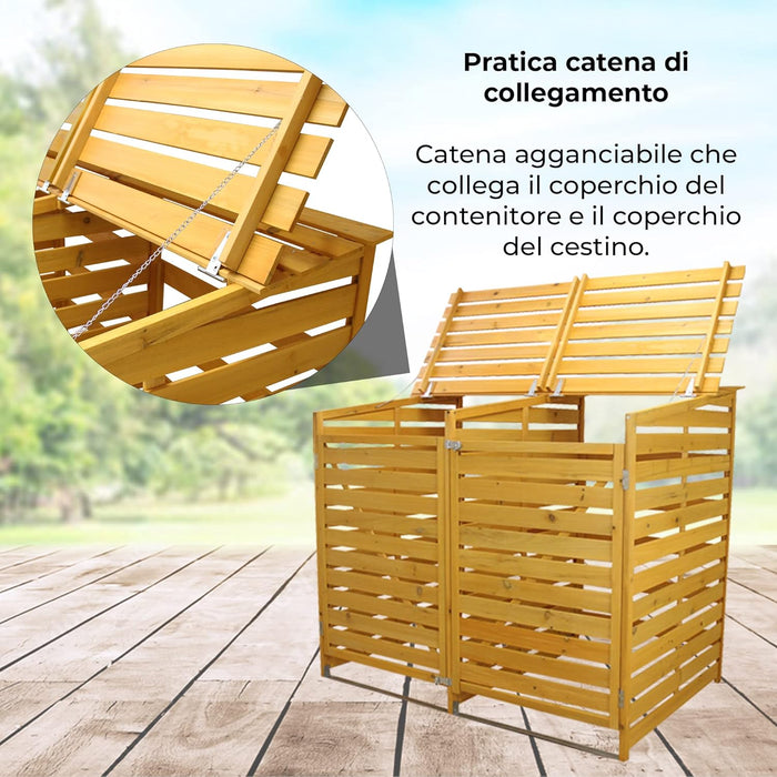 Doppio Copribidone della Spazzatura in Legno Robusto per Contenere 2 Bidoni 240L