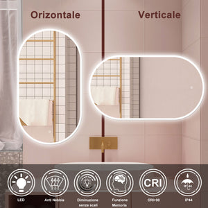 AICA Specchio da bagno 50 x 90 cm, dimmerabile£¬interruttore touch£¬ Funzione Memoria, antiappannamento