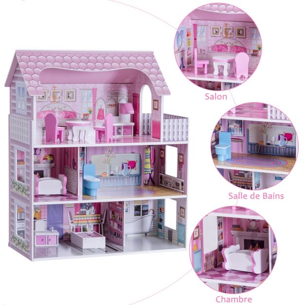 Casa delle bambole per bambini con tanti accessori Casa a 3 piani con 5 stanze in MDF 62 x 27 x 70 cm rosa 20_0008831