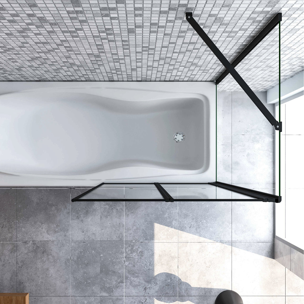 Parete Vasca Doccia 90x70cm Sopravasca Angolare 2 Ante Pieghevoli Vetro Temperato Trasparente da 4 mm con Parete Laterale da 6 mm H.140cm Telai Neri Opachi