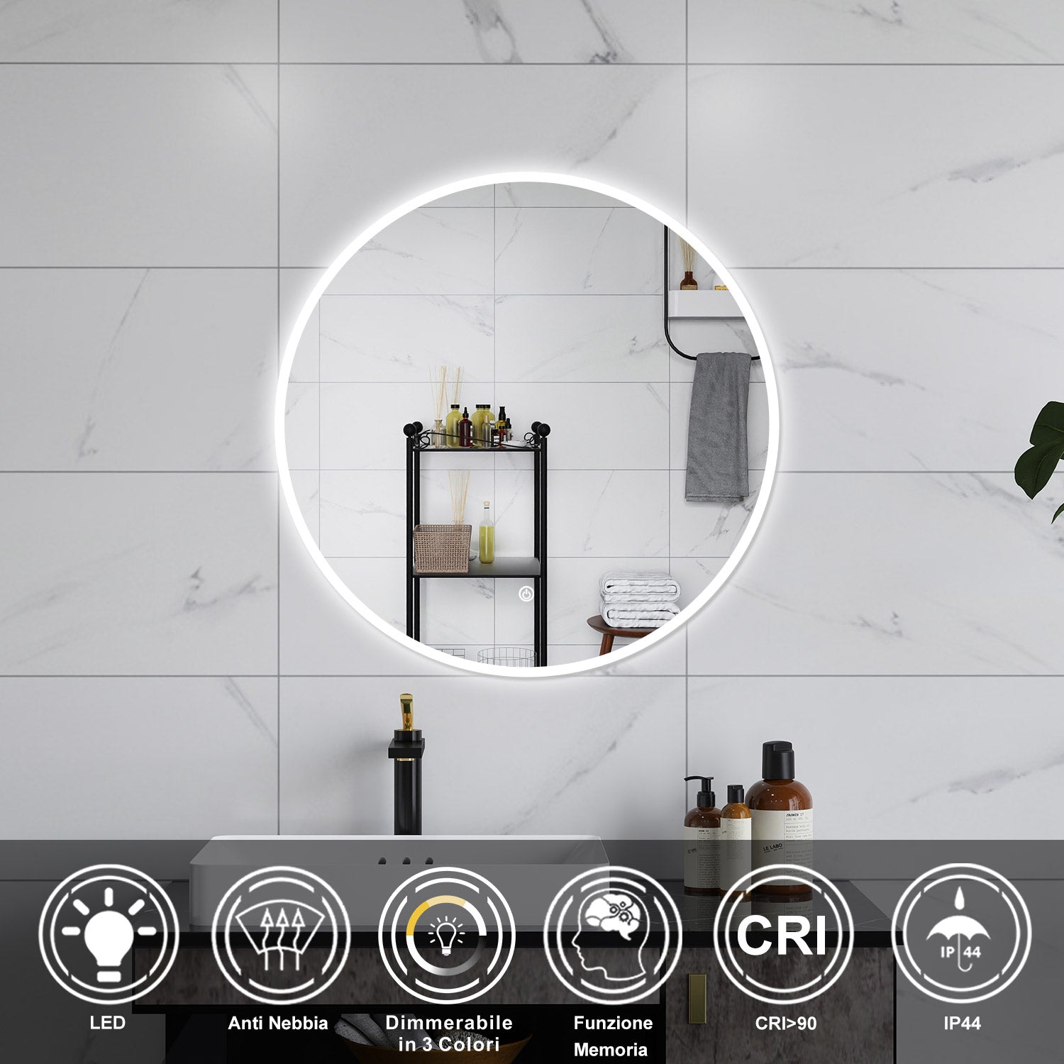 AICA Specchio da bagno 70 x 70 cm, 3 colori, antiappannamento, dimmerabile, interruttore touch, Funzione Memoria