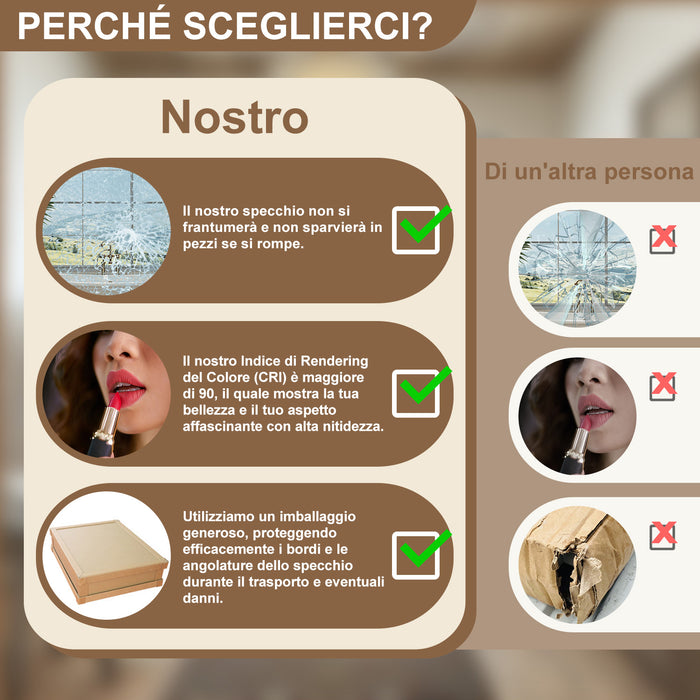 Aica Specchio da bagno a LED con Bluetooth 70 x 50 cm, 3 colori di luce regolabili, tasti a sfioramento