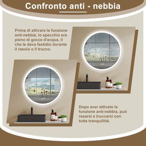 AICA Specchio Da Bagno Rotondo Da 60cm con LED, Antiappannamento, 3 Temperature Colore