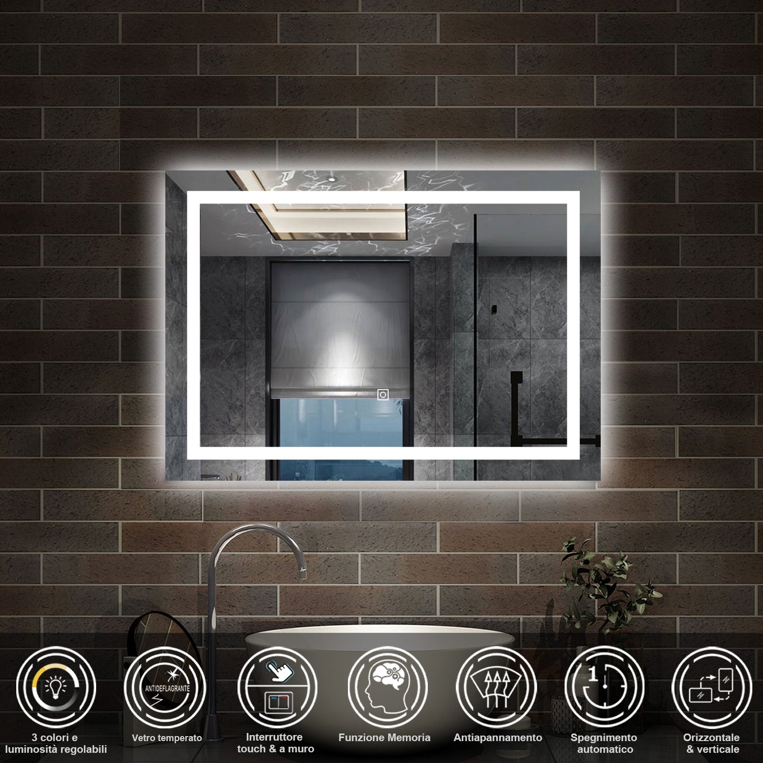 specchio rettangolare 70 x 50 cm con luce led antiappannamento e touch, 3 colori