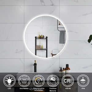 AICA Specchio da bagno 120 x 120 cm, 3 colori, antiappannamento, dimmerabile, interruttore touch, Funzione Memoria