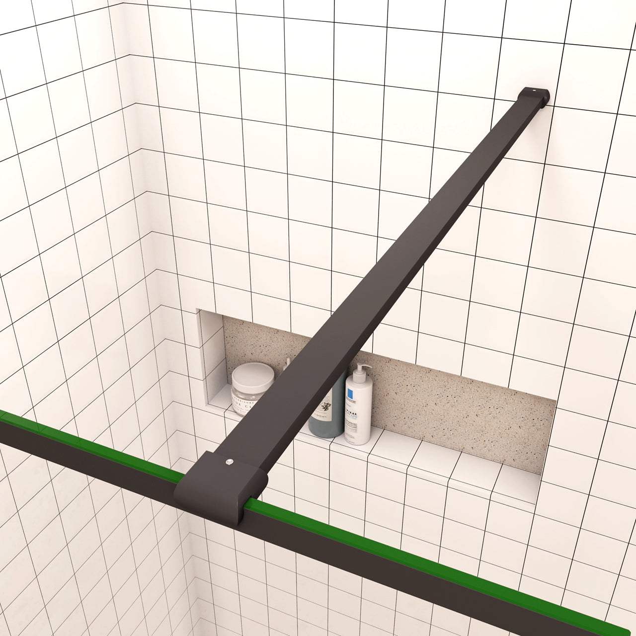 120x200cm Walk In Parete Per Doccia in Vetro Temperato 8mm Anticalcare con Bordo Nero Serigrafato Barra Stabilizzatrice da 90 cm