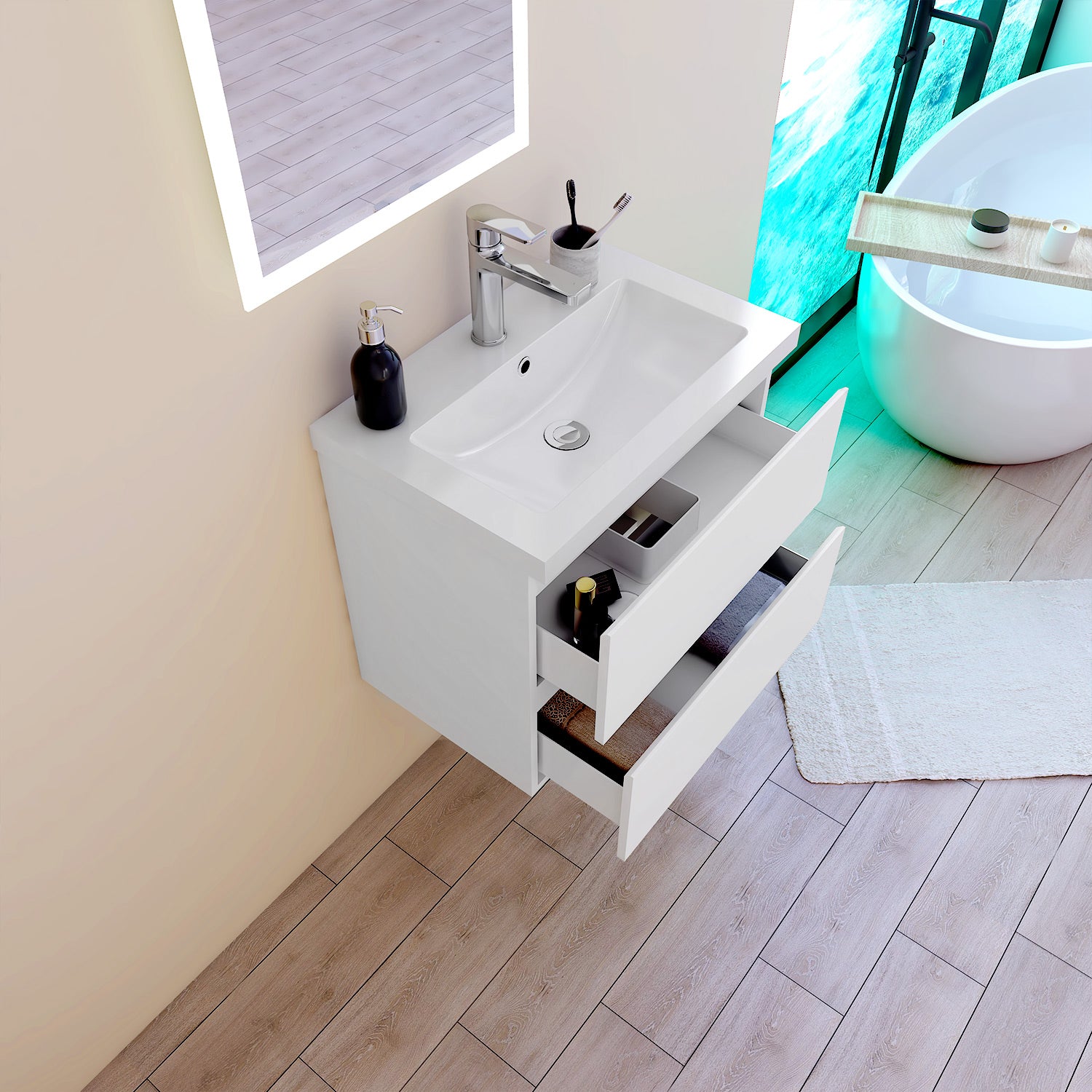 Mobile per bagno sospeso con lavabo da incasso 60 cm bianco