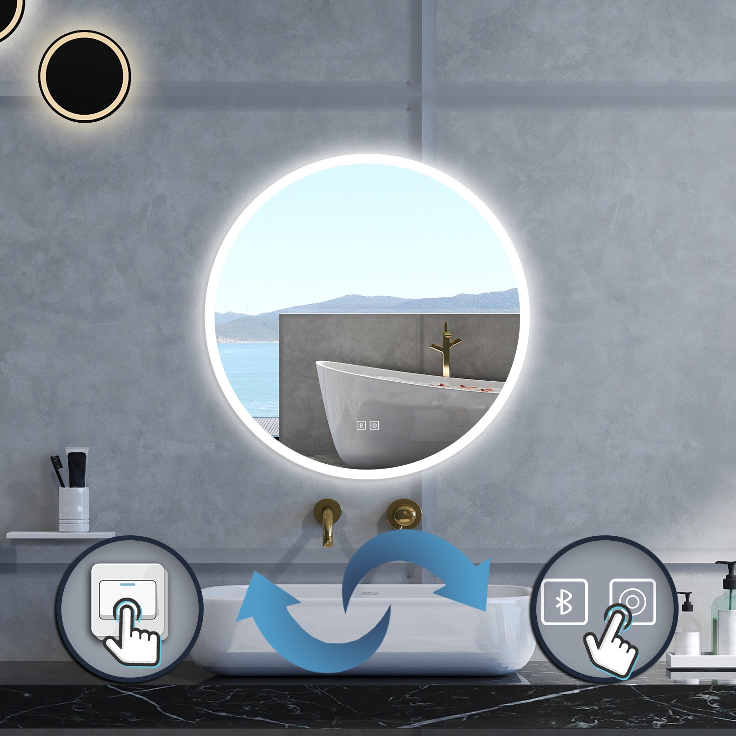 Specchio da bagno Rotondo con 70cm,Blue tooth,3 colori,Memoria, Antifog,Regorabile,Retroilluminato,doppio interruttore,