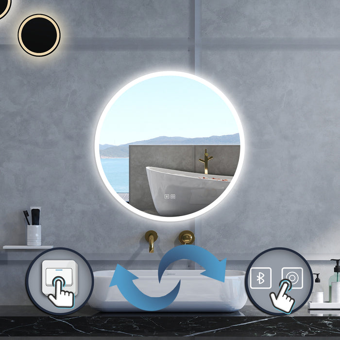 Specchio da bagno Rotondo con 70cm,Blue tooth,3 colori,Memoria, Antifog,Regorabile,Retroilluminato,doppio interruttore,
