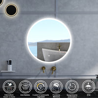 Specchio da bagno Rotondo con 90cm,3 colori,Memoria, Antifog,Regorabile,Retroilluminato,doppio interruttore,