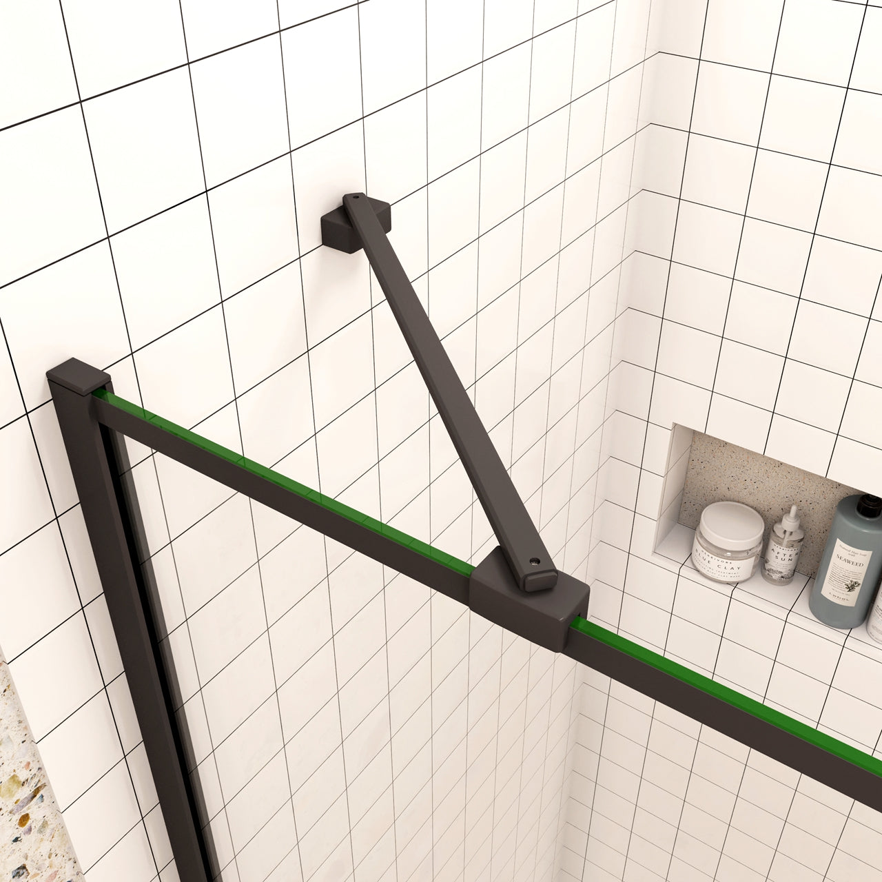 90x200cm Walk In Parete Per Doccia in Vetro Temperato 8mm Anticalcare con Bordo Nero Serigrafato Barra Stabilizzatrice da 45 cm