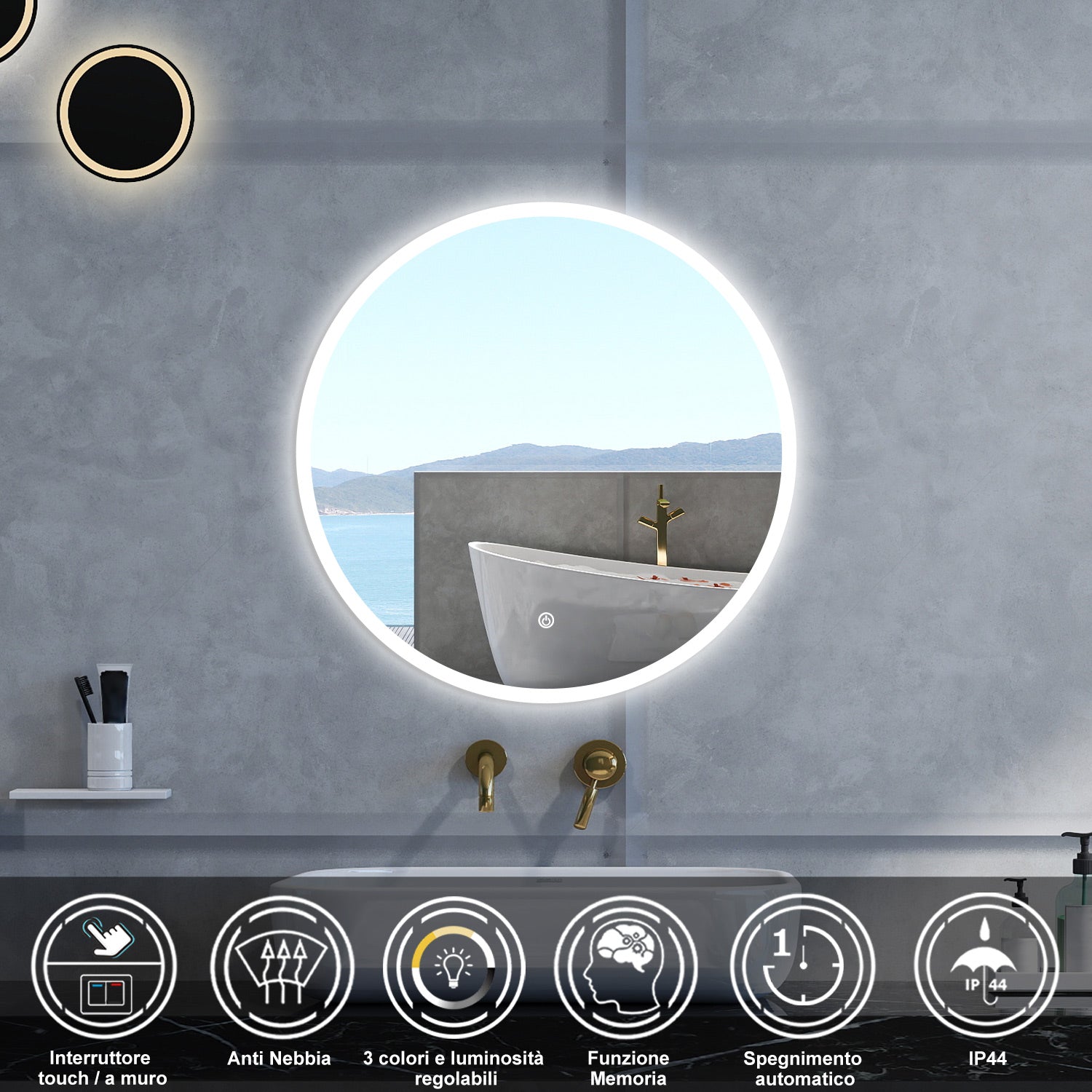 Specchio da bagno Rotondo con 70cm,3 colori,Memoria, Antifog,Regorabile,Retroilluminato,doppio interruttore,