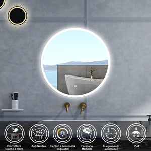Specchio da bagno Rotondo con 70cm,3 colori,Memoria, Antifog,Regorabile,Retroilluminato,doppio interruttore,