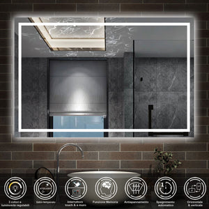 specchio rettangolare 120 x 80 cm con luce led antiappannamento e touch, 3 colori