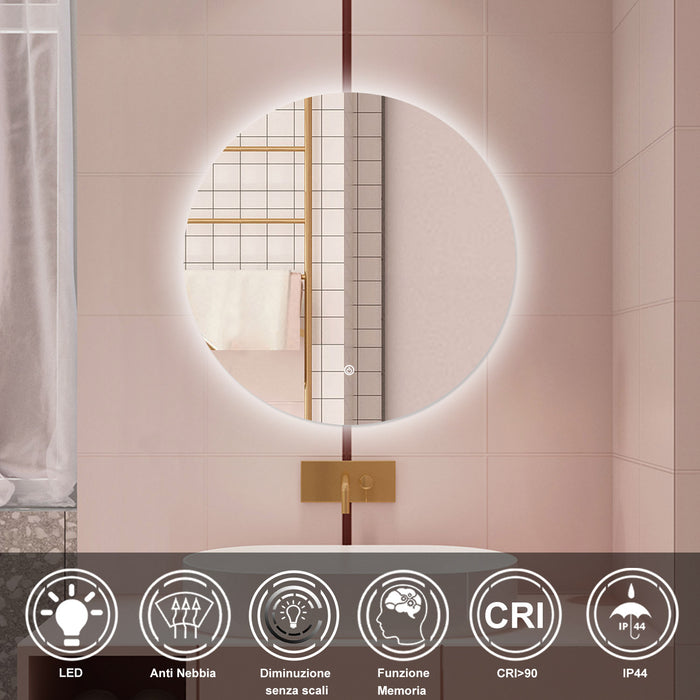 AICA Specchio da bagno 70 x 70 cm, antiappannamento, dimmerabile, interruttore touch, Funzione Memoria