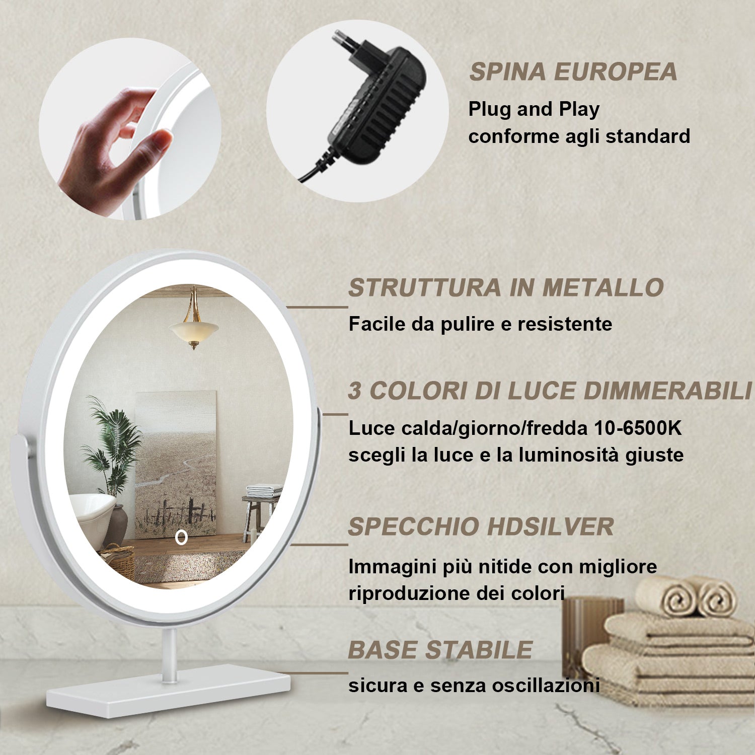 40x48cm Specchio da trucco a posizionamento statico LED + Touch Control + 3 temperature di colore regolabili