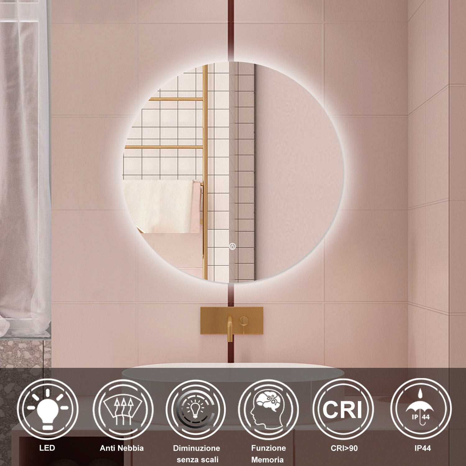 AICA Specchio da bagno 100 x 100 cm, antiappannamento, dimmerabile, interruttore touch, Funzione Memoria