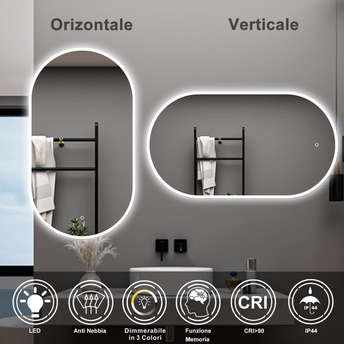 AICA Specchio da bagno 50 x 90 cm, dimmerabile£¬interruttore touch£¬ Funzione Memoria, antiappannamento