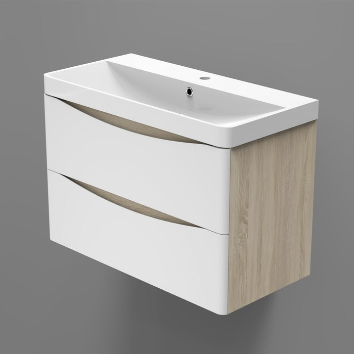 AICA Mobile da bagno 80x50x39,5 cm, pannelli in MDF bianchi e color rovere, con lavabo bianco, montato e pronto all'uso