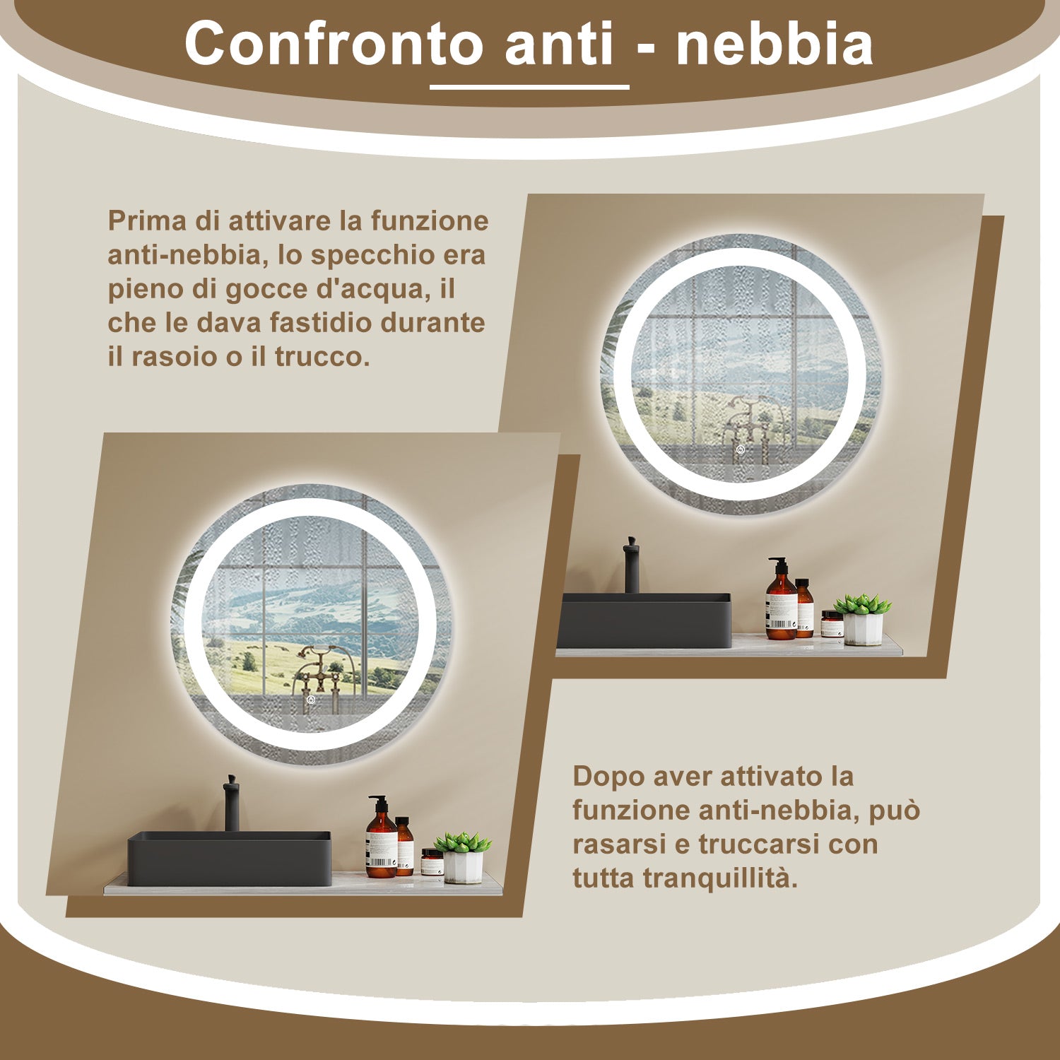 AICA SPECCHIO DA BAGNO ROTONDO CON LED 60 x 60 cm, antiappannamento, interruttore a sfioramento