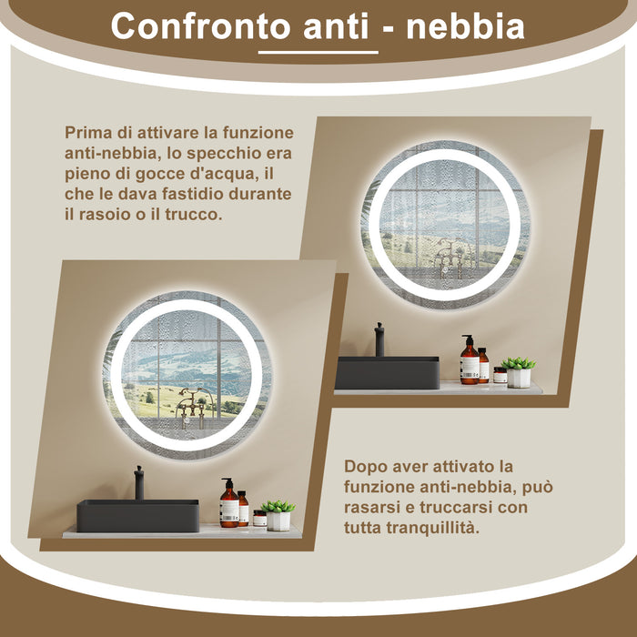 AICA SPECCHIO DA BAGNO ROTONDO CON LED 60 x 60 cm, antiappannamento, interruttore a sfioramento