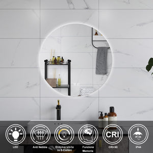 AICA Specchio da bagno 90 x 90 cm, 3 colori, antiappannamento, dimmerabile, interruttore touch, Funzione Memoria