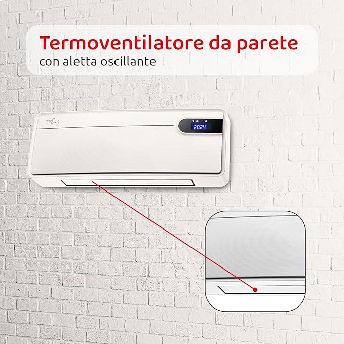 Melchioni Family Termoventilatore da parete warmy wall PTC con oscillazione sicurezza bambini telecomando timer display 2000W