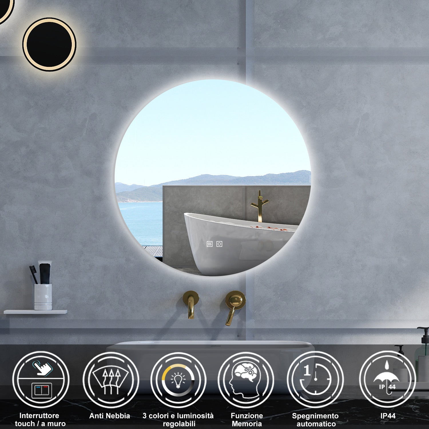 Specchio da bagno Rotondo con 60cm,3 colori,Memoria, Antifog,Regorabile,Retroilluminato,doppio interruttore,
