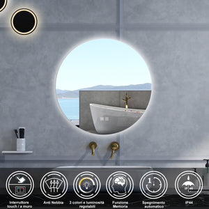 Specchio da bagno Rotondo con 60cm,3 colori,Memoria, Antifog,Regorabile,Retroilluminato,doppio interruttore,
