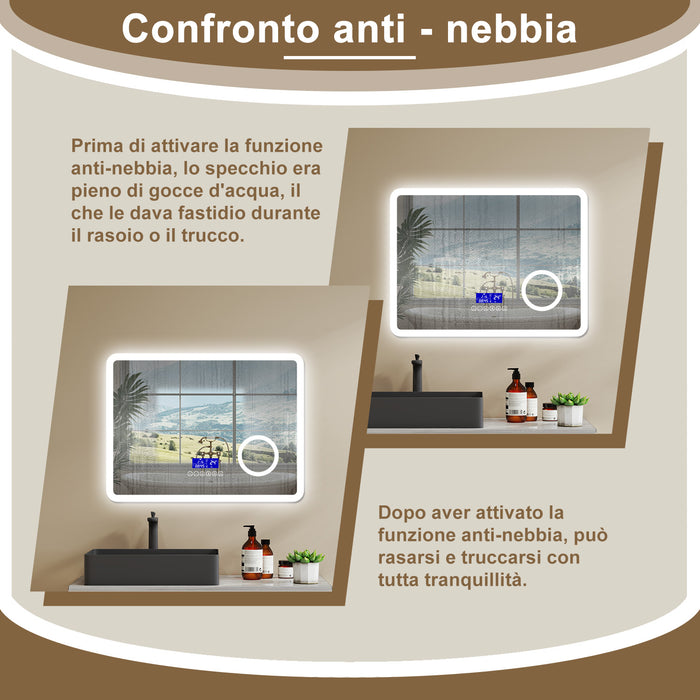 Aica Specchio da bagno bluetooth 80x60cm con antiappannamento + dimmerabile + 3 colori + ingrandimento 3X